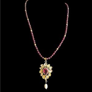 Gold Filled Bezel Set Garnet & Pearl Pendant Estate Necklace